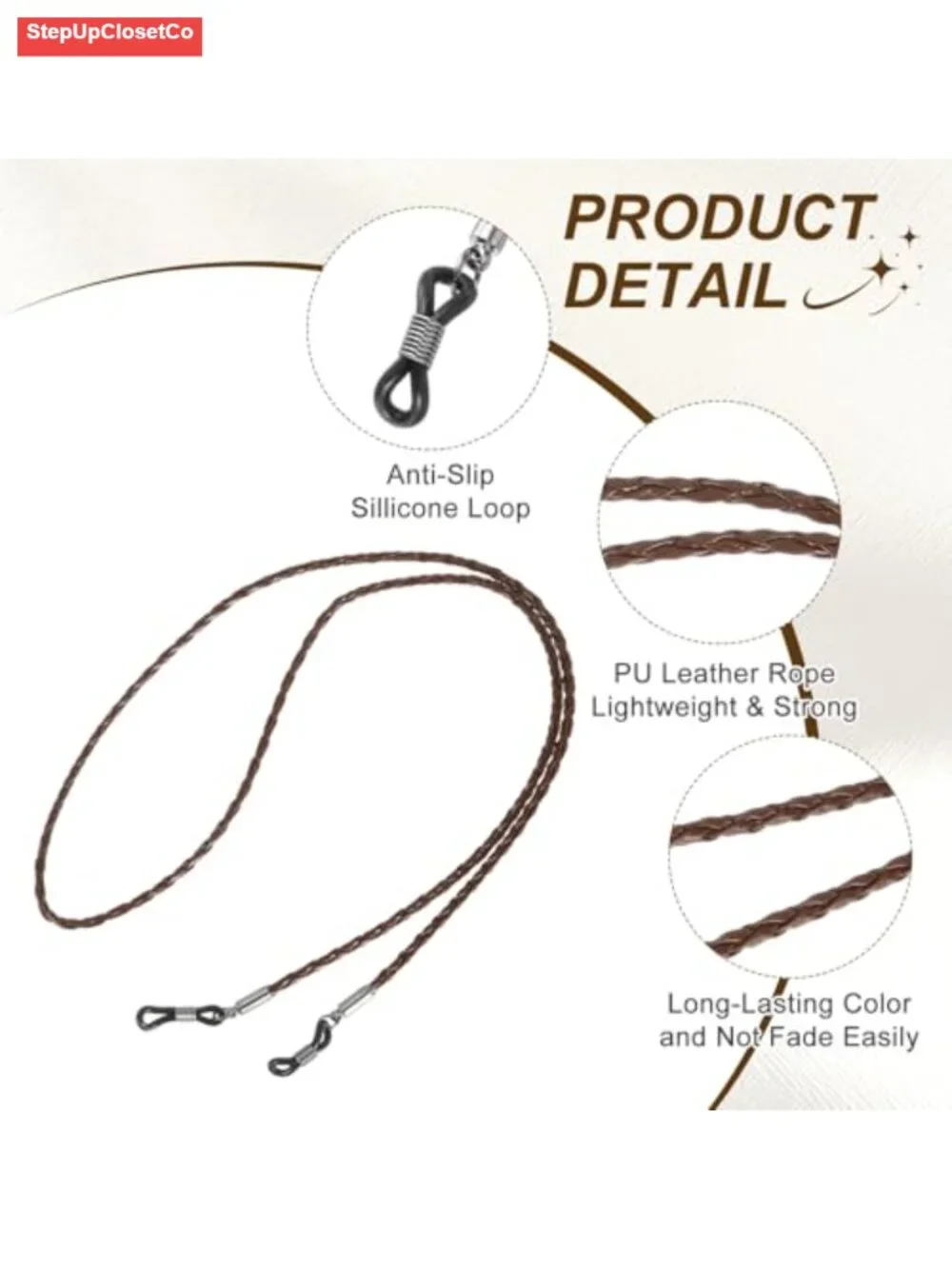 Braided PU Leather Eyeglass Chain Strap with Silicone Loops for Sunglasses